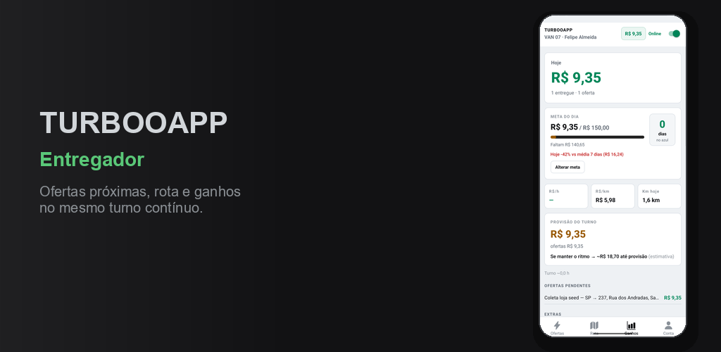 App Turboo Entregador no Android: ofertas, rota e ganhos no turno.