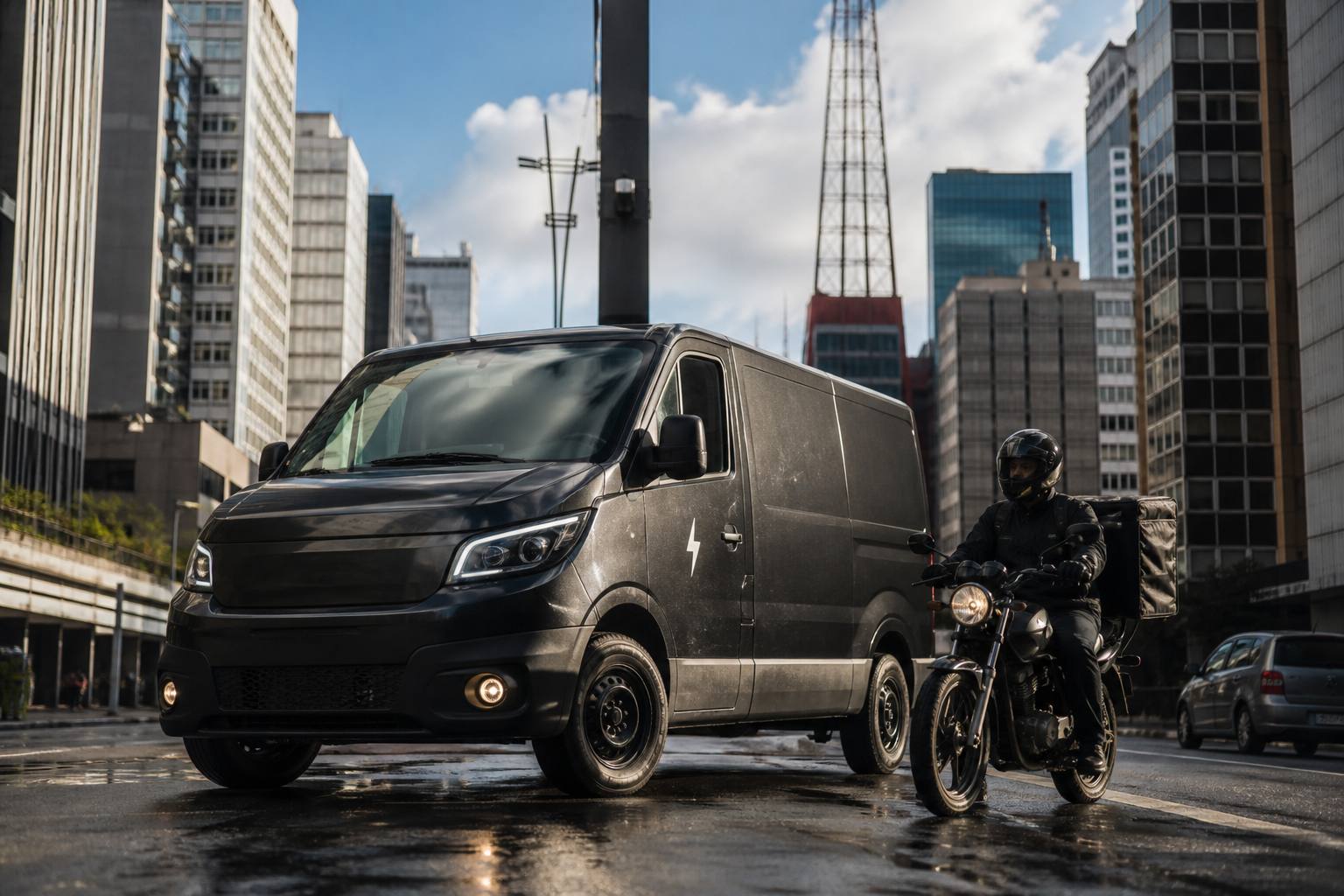 Van e motoboy Turboo em avenida de São Paulo, de dia.